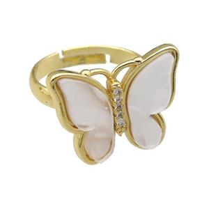 white pearlized Resin Butterfly Rings, adjustable, gold plated, approx 15-20mm, 18mm dia