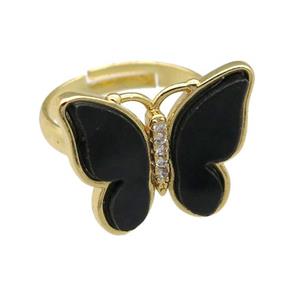 black Resin Butterfly Rings, adjustable, gold plated, approx 15-20mm, 18mm dia