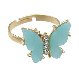 teal Resin Butterfly Rings, adjustable, gold plated, approx 14-18mm