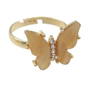 brown Resin Butterfly Rings, adjustable, gold plated, approx 14-18mm