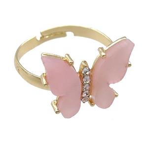 pink Resin Butterfly Rings, adjustable, gold plated, approx 14-18mm