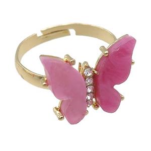 pink Resin Butterfly Rings, adjustable, gold plated, approx 14-18mm