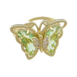 lt.green Crystal Glass Butterfly Rings, adjustable, gold plated, approx 20-23mm, 18mm dia