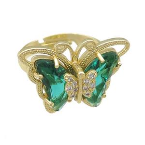 peacockgreen Crystal Glass Butterfly Rings, adjustable, gold plated, approx 20-23mm, 18mm dia