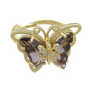 purple Crystal Glass Butterfly Rings, adjustable, gold plated, approx 20-23mm, 18mm dia
