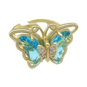 teal Crystal Glass Butterfly Rings, adjustable, gold plated, approx 20-23mm, 18mm dia