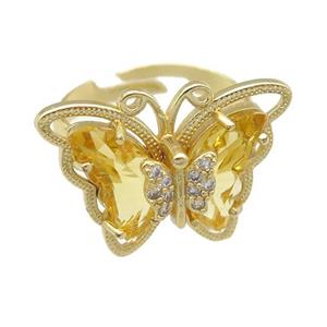 golden Crystal Glass Butterfly Rings, adjustable, gold plated, approx 20-23mm, 18mm dia
