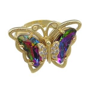 rainbow Crystal Glass Butterfly Rings, adjustable, gold plated, approx 20-23mm, 18mm dia
