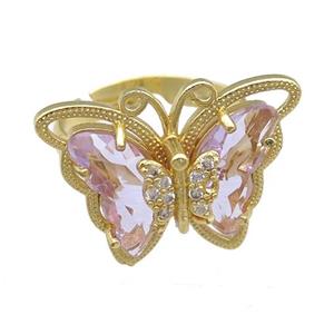 lt.lavender Crystal Glass Butterfly Rings, adjustable, gold plated, approx 20-23mm, 18mm dia