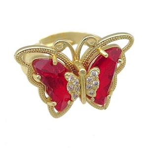 red Crystal Glass Butterfly Rings, adjustable, gold plated, approx 20-23mm, 18mm dia