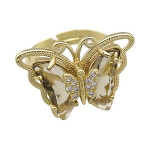 smoky Crystal Glass Butterfly Rings, adjustable, gold plated, approx 20-23mm, 18mm dia
