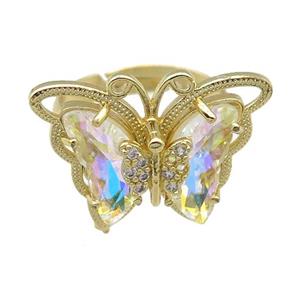 clear AB-color Crystal Glass Butterfly Rings, adjustable, gold plated, approx 20-23mm, 18mm dia