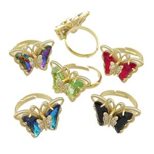 mixed Crystal Glass Butterfly Rings pave zircon, adjustable, gold plated, approx 20-23mm, 18mm dia