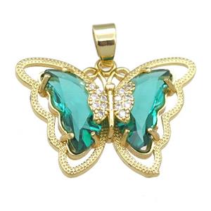 green Crystal Glass Butterfly Pendant, gold plated, approx 21-28mm