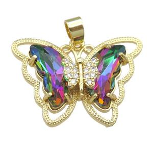 rainbow Crystal Glass Butterfly Pendant, gold plated, approx 21-28mm