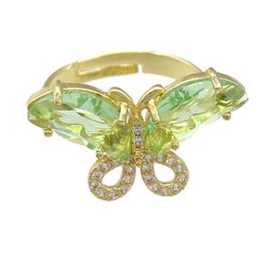 lt.green Crystal Glass Butterfly Rings, adjustable, gold plated, approx 15-23mm, 18mm dia