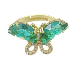 green Crystal Glass Butterfly Rings, adjustable, gold plated, approx 15-23mm, 18mm dia