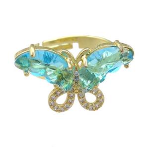 aqua Crystal Glass Butterfly Rings, adjustable, gold plated, approx 15-23mm, 18mm dia