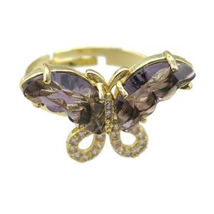 purple Crystal Glass Butterfly Rings, adjustable, gold plated, approx 15-23mm, 18mm dia
