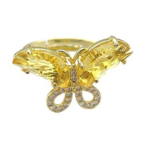 golden Crystal Glass Butterfly Rings, adjustable, gold plated, approx 15-23mm, 18mm dia