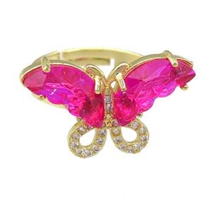 hotpink Crystal Glass Butterfly Rings, adjustable, gold plated, approx 15-23mm, 18mm dia