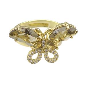 smoky Crystal Glass Butterfly Rings, adjustable, gold plated, approx 15-23mm, 18mm dia