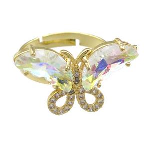 clear AB-color Crystal Glass Butterfly Rings, adjustable, gold plated, approx 15-23mm, 18mm dia