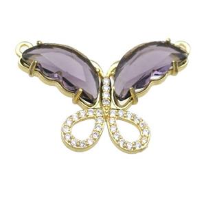 purple Crystal Glass Butterfly Pendant with 2loops, gold plated, approx 20-30mm