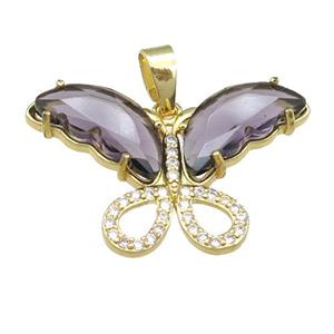 purple Crystal Glass Butterfly Pendant, gold plated, approx 20-30mm