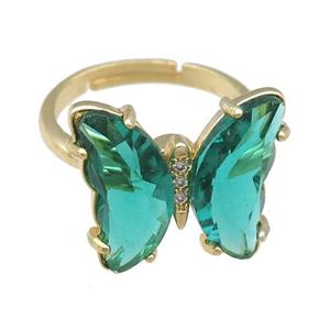 peacockgreen Crystal Glass Butterfly Spinner Rings, adjustable, gold plated, approx 15-18mm, 17mm dia