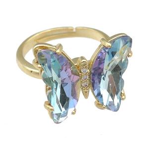 lt.blue Crystal Glass Butterfly Spinner Rings, adjustable, gold plated, approx 15-18mm, 17mm dia