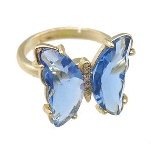 blue Crystal Glass Butterfly Spinner Rings, adjustable, gold plated, approx 15-18mm, 17mm dia