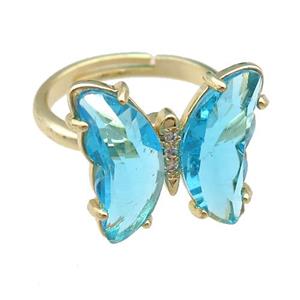 aqua Crystal Glass Butterfly Spinner Rings, adjustable, gold plated, approx 15-18mm, 17mm dia