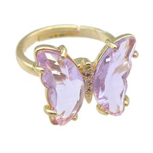 lavender Crystal Glass Butterfly Spinner Rings, adjustable, gold plated, approx 15-18mm, 17mm dia