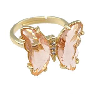 peach Crystal Glass Butterfly Spinner Rings, adjustable, gold plated, approx 15-18mm, 17mm dia