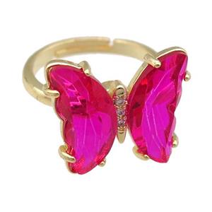 hotpink Crystal Glass Butterfly Spinner Rings, adjustable, gold plated, approx 15-18mm, 17mm dia