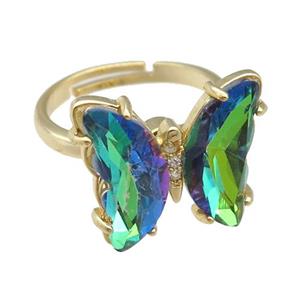 bluegreen Crystal Glass Butterfly Spinner Rings, adjustable, gold plated, approx 15-18mm, 17mm dia