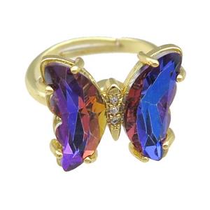 bluepurple Crystal Glass Butterfly Spinner Rings, adjustable, gold plated, approx 15-18mm, 17mm dia