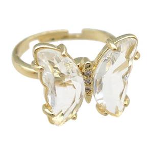 clear Crystal Glass Butterfly Spinner Rings, adjustable, gold plated, approx 15-18mm, 17mm dia