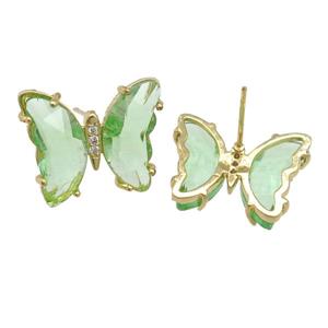 lt.green Crystal Glass Butterfly Stud Earrings, gold plated, approx 12-15mm