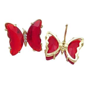 red Crystal Glass Butterfly Stud Earrings, gold plated, approx 12-15mm