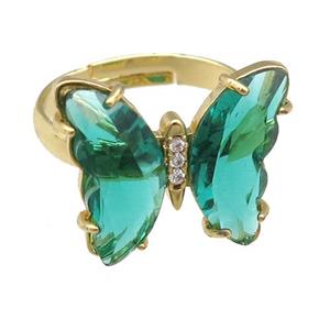 peacockgreen Crystal Glass Butterfly Rings, gold plated, approx 15-18mm, 17mm dia