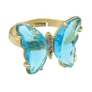 aqua Crystal Glass Butterfly Rings, gold plated, approx 15-18mm, 17mm dia