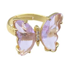 lavender Crystal Glass Butterfly Rings, gold plated, approx 15-18mm, 17mm dia