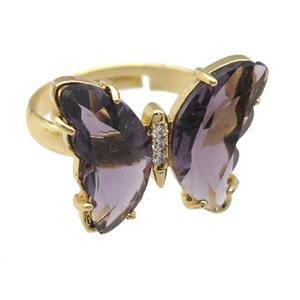 purple Crystal Glass Butterfly Rings, gold plated, approx 15-18mm, 17mm dia
