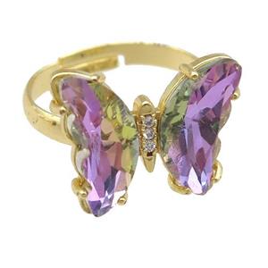 mauve Crystal Glass Butterfly Rings, gold plated, approx 15-18mm, 17mm dia