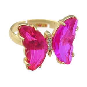 hotpink Crystal Glass Butterfly Rings, gold plated, approx 15-18mm, 17mm dia