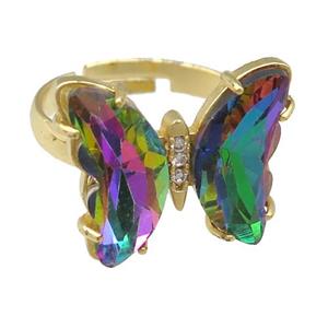 rainbow Crystal Glass Butterfly Rings, gold plated, approx 15-18mm, 17mm dia