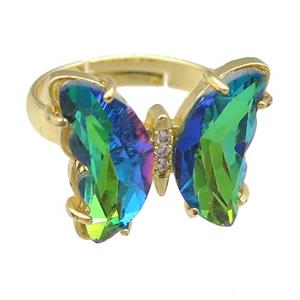 green Crystal Glass Butterfly Rings, gold plated, approx 15-18mm, 17mm dia