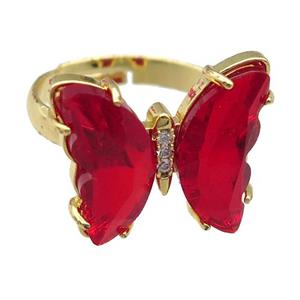 red Crystal Glass Butterfly Rings, gold plated, approx 15-18mm, 17mm dia